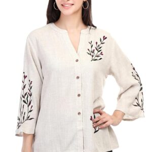 HUEGENZ Women's Floral Embroidered Linen Top, V-Neck, 3/4 Sleeve, Beige